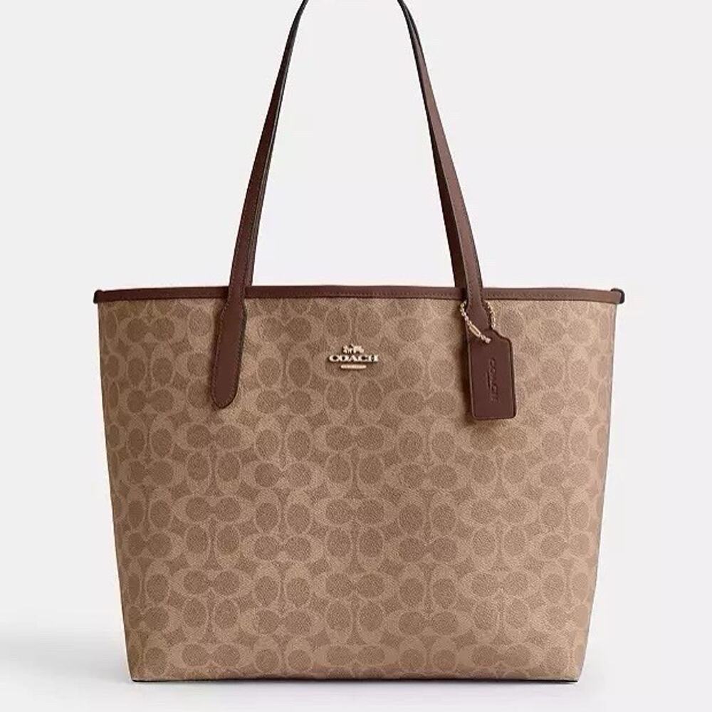NWT COACH 🔥City Tote In Signature Canvas Gold/Tan/Brown CV976 - Picture 7 of 10